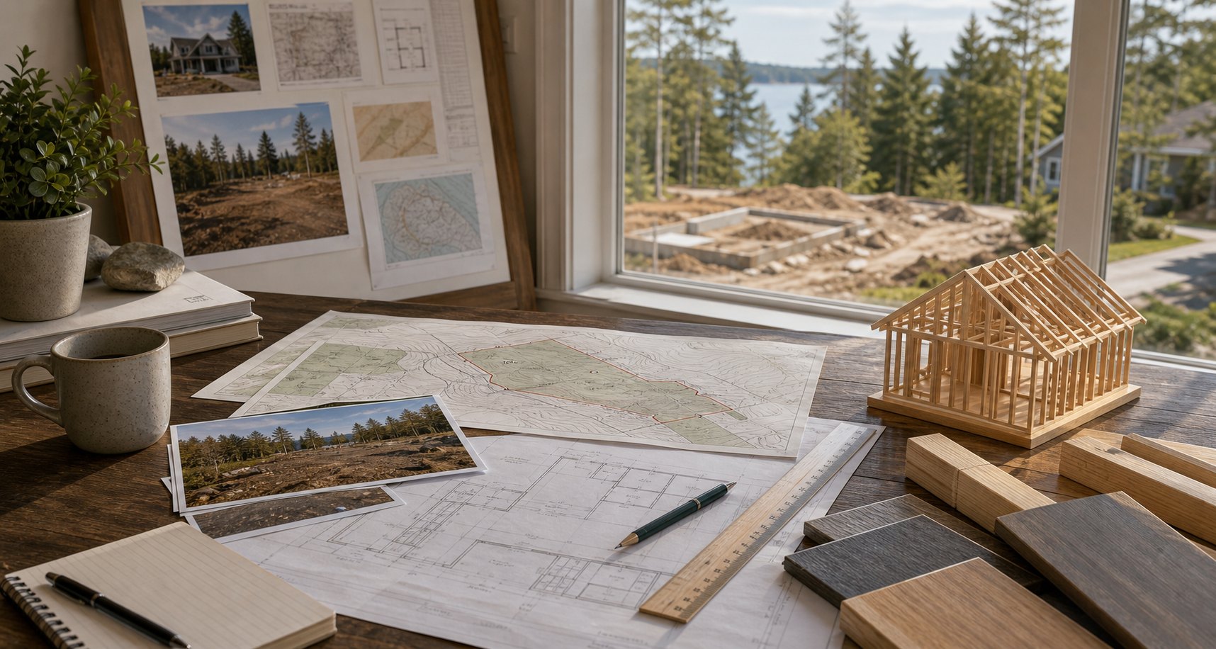 Maine home building planning materials with site notes and construction sketches