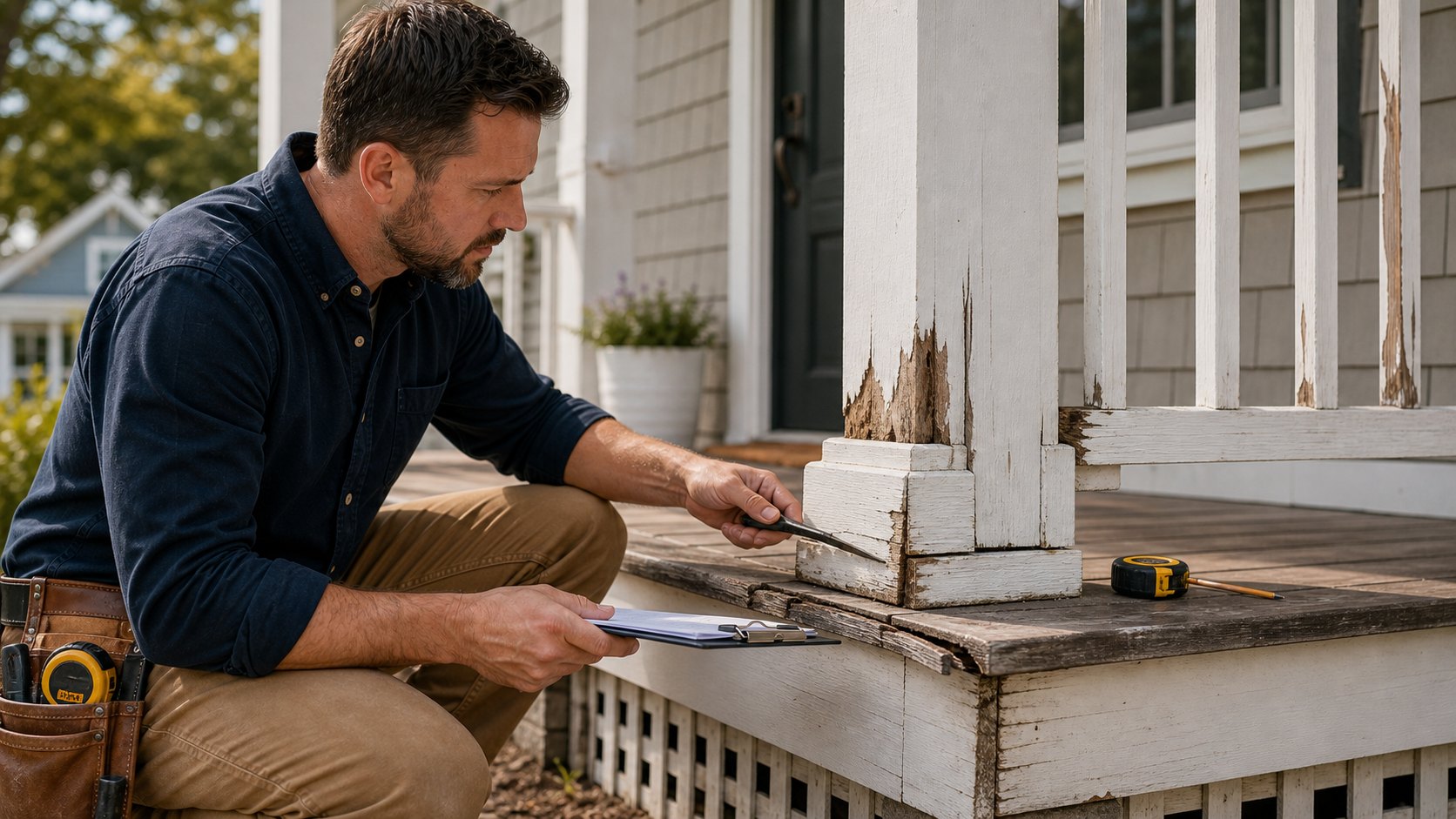 Carpentry repair inspection of exterior porch and trim details