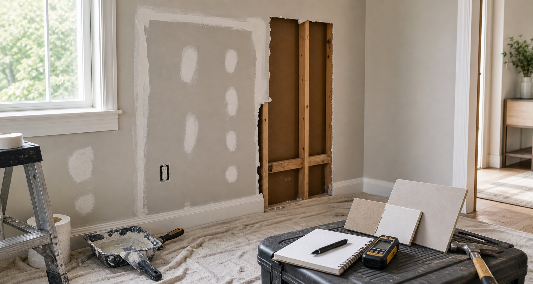 Drywall repair and replacement planning in an interior room