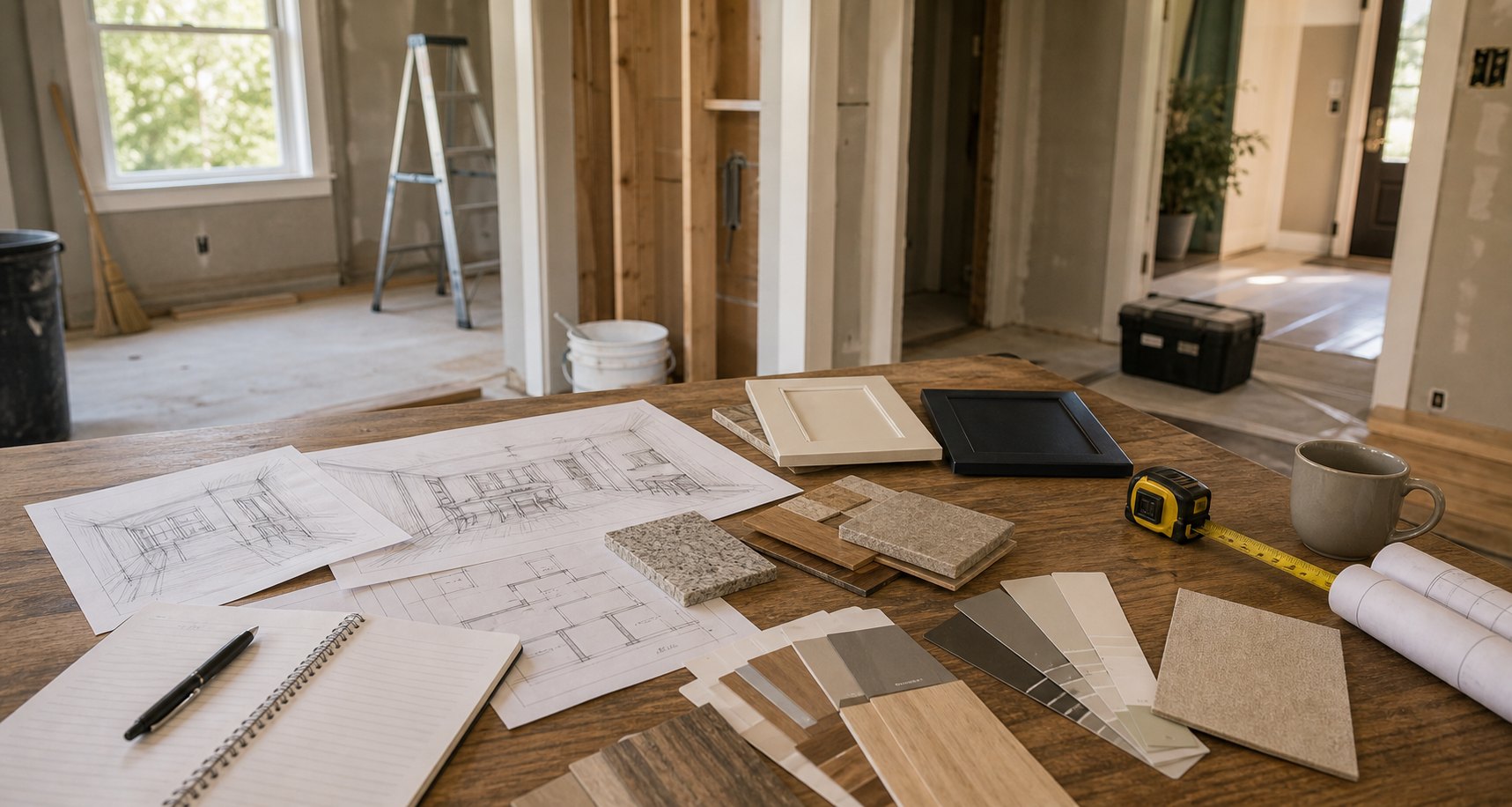 Home renovation planning materials with samples, notes, and room preparation