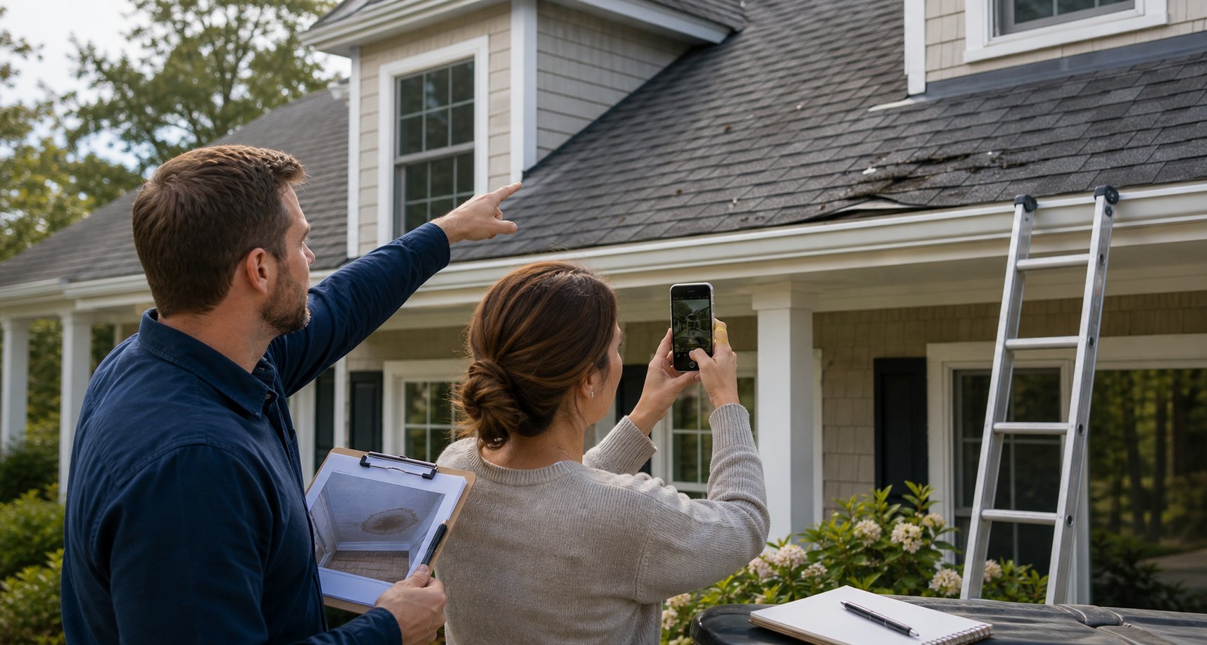 Roof repair guide materials documenting shingles, flashing, and interior leak signs