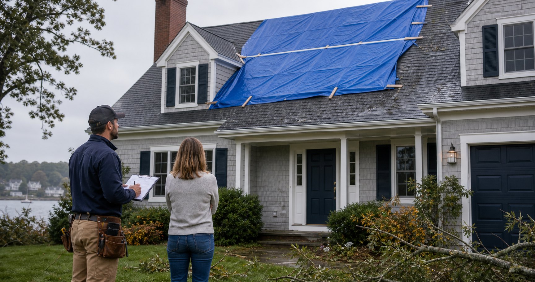 Storm damage documentation with roof tarp and exterior repair notes