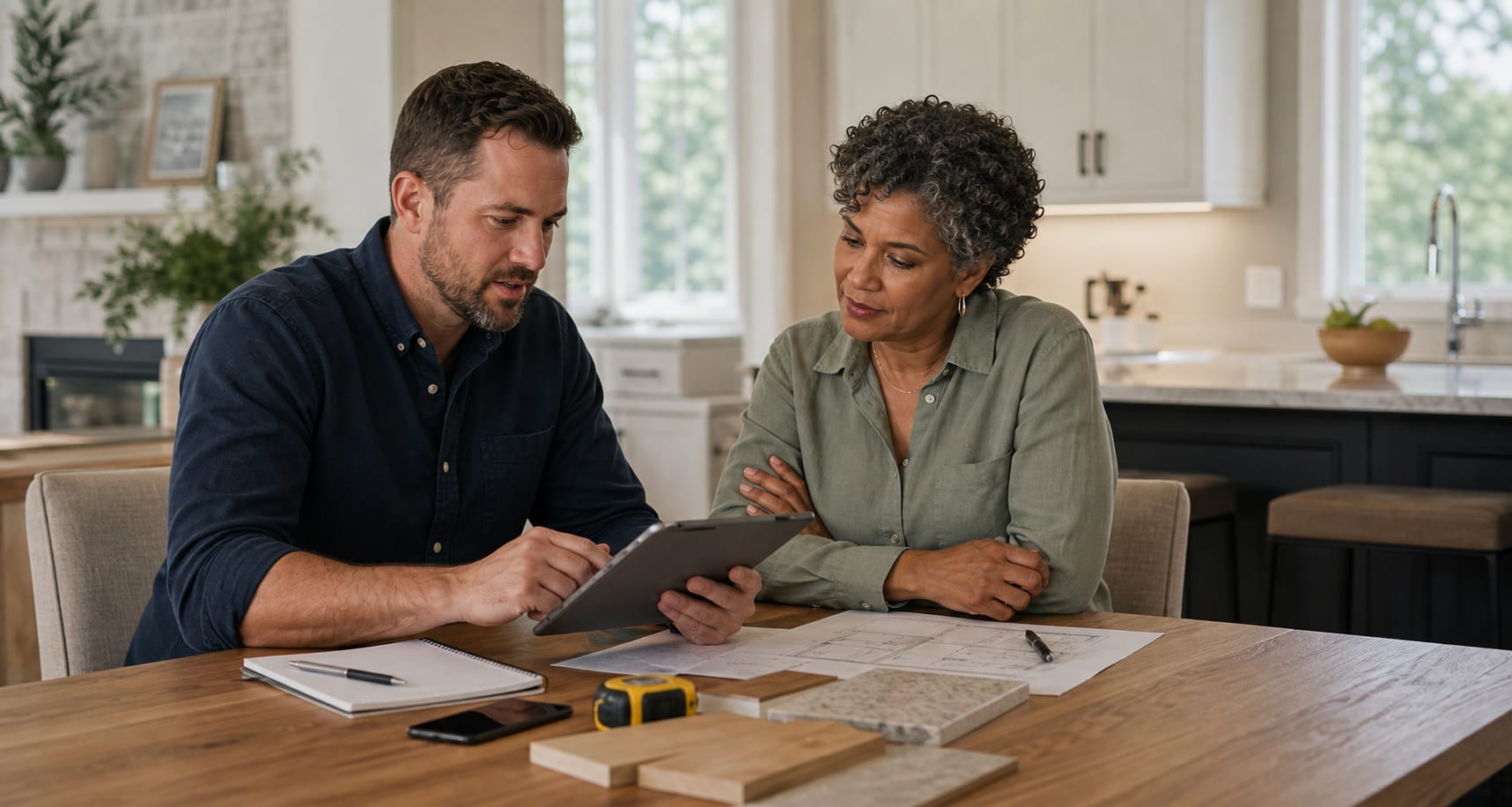 Contractor reviewing project details with a homeowner at a kitchen table