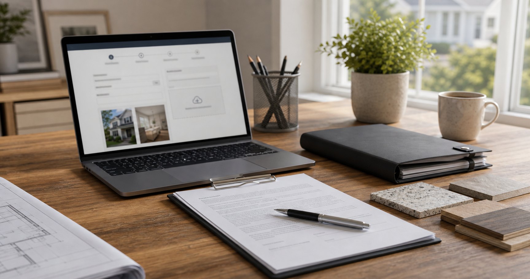Project intake information and uploaded construction photos on a desk
