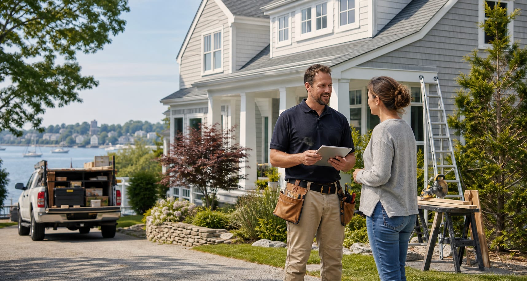 Contractor discussing home repair and construction services with a Southern Maine homeowner