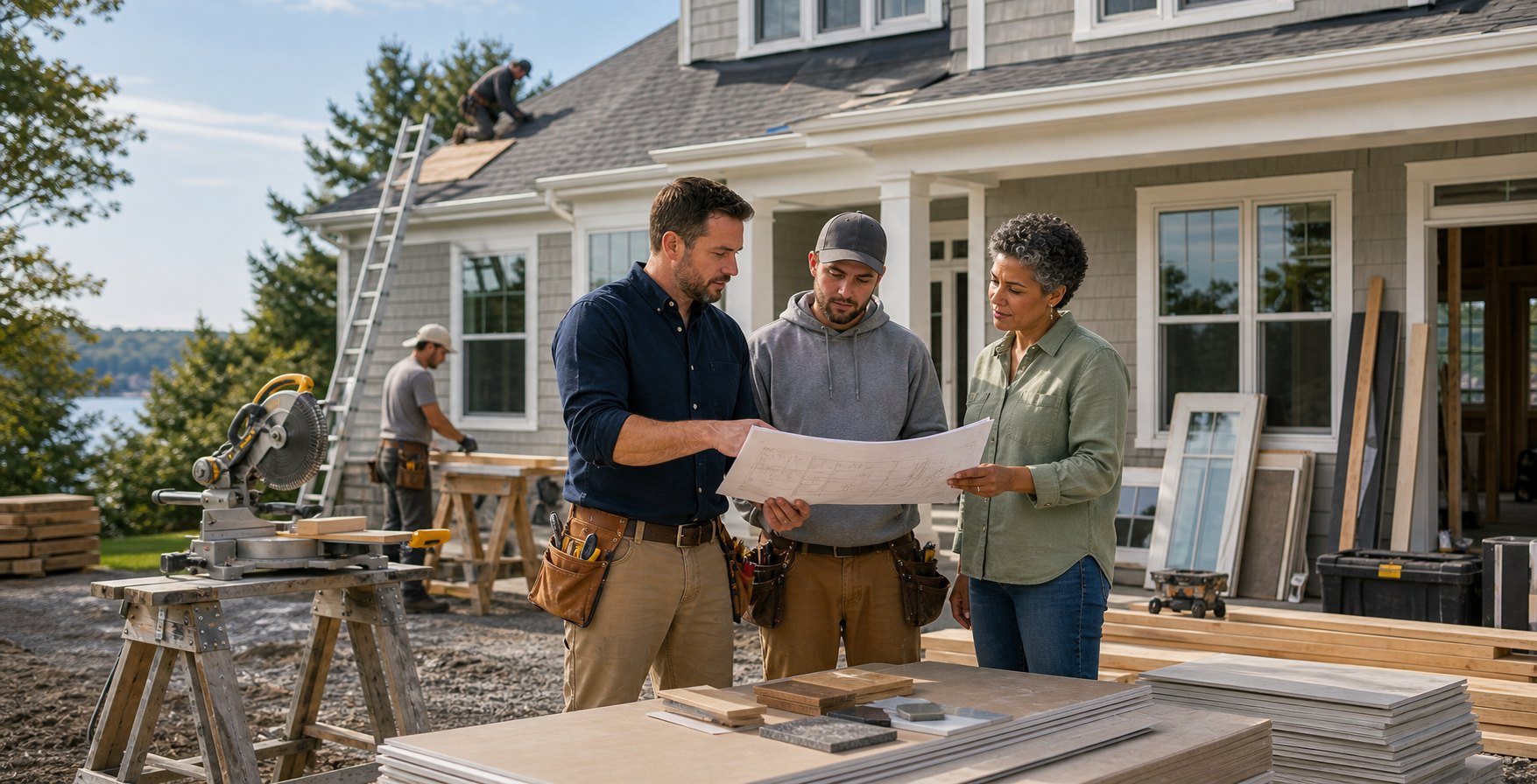 Residential construction crew reviewing a multi-service project scope