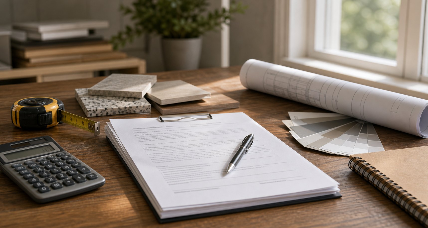 Construction estimate paperwork with plans and material samples