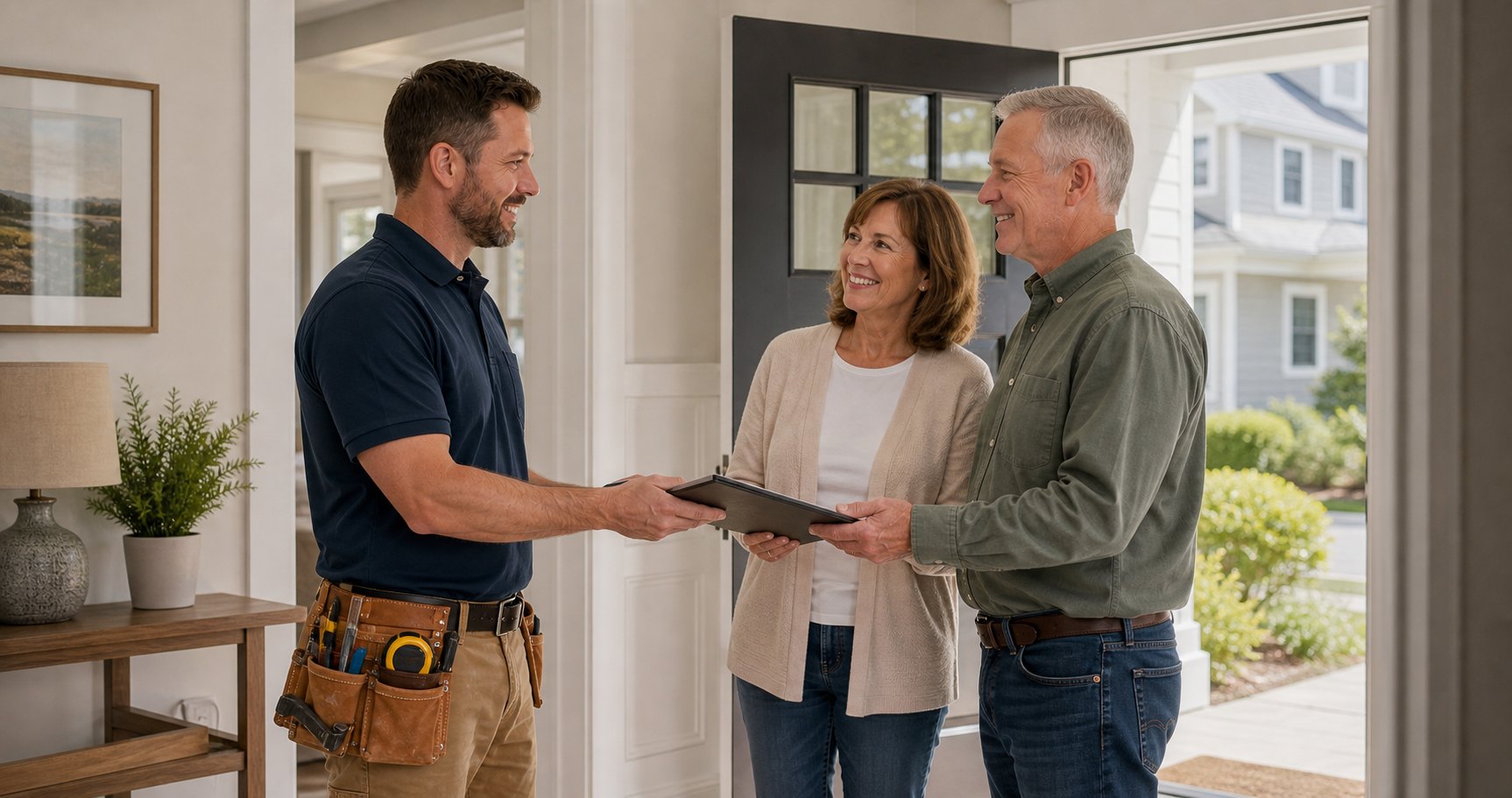 Contractor completing a project walkthrough with homeowners